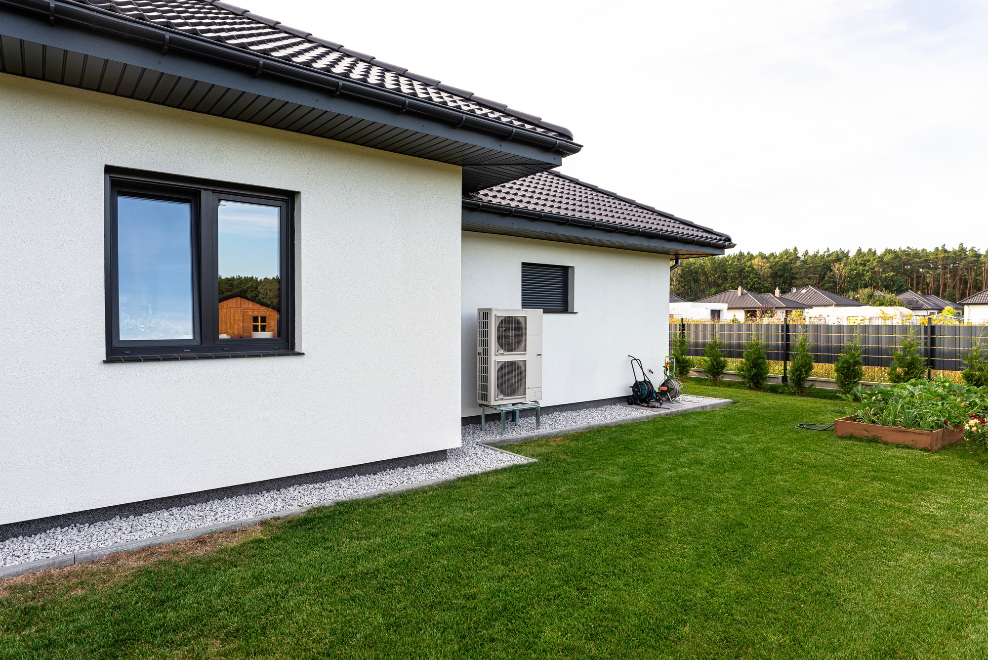 Two efficient outdoor heat pump units placed in front of the house.